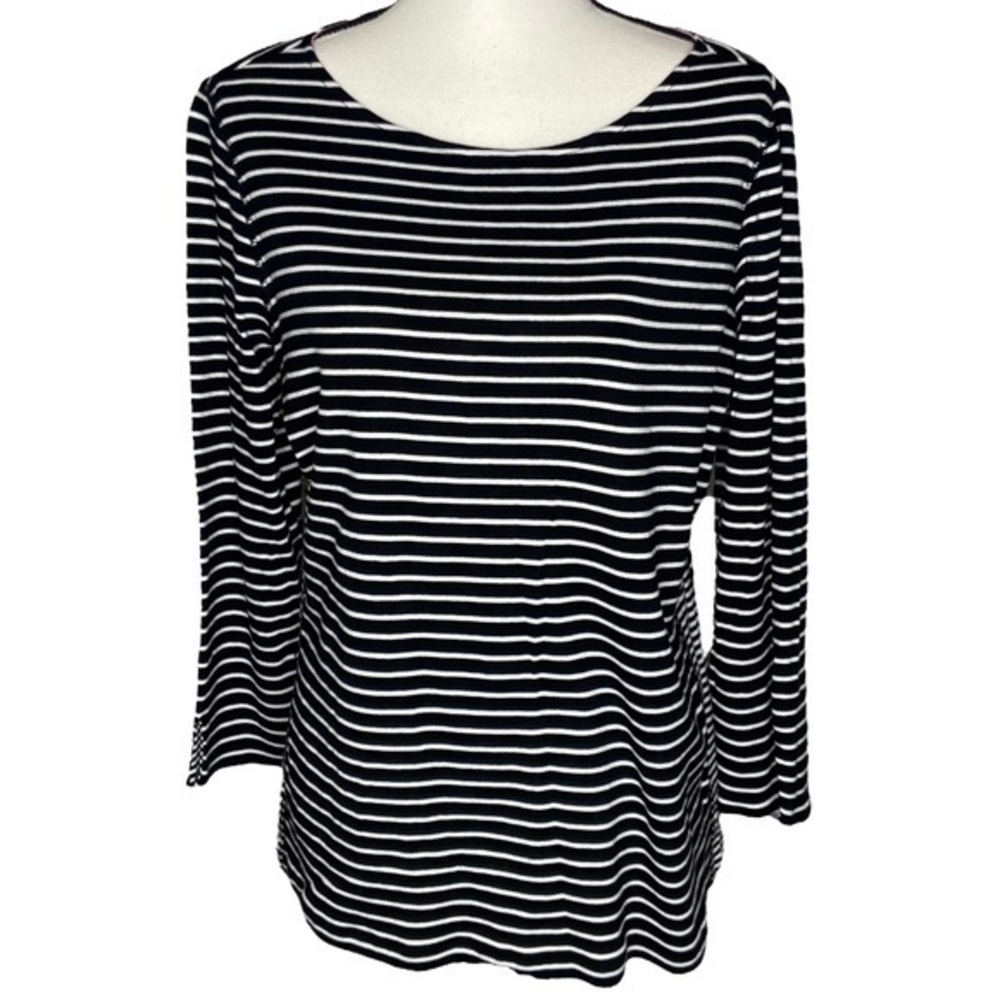Chaps Top Black White Striped Scoop Neck Three Quarter Sleeve Tee Shirt Size XL